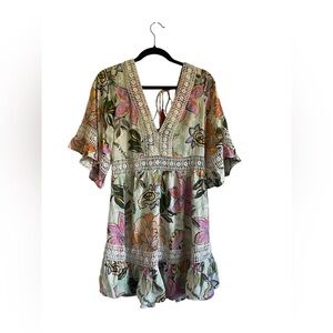 Z&L Europe Crochet Mini Tropical/Floral V-Neck Dress size L